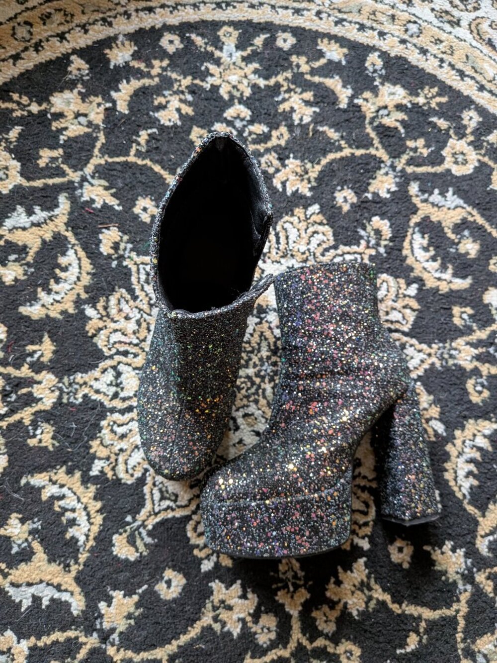 Iridescent glitter black platform ankle boots